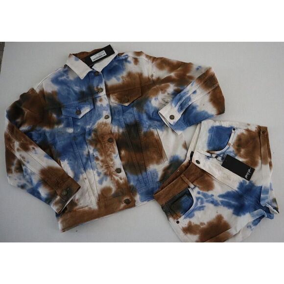 Nasty Gal Women's Sz 4/Sm Blue Tie Dye Roll Hem Cheeky Shorts/Bf Jacket Set $180 - Picture 1 of 11